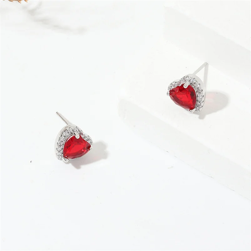 CC Heart Stud Earrings for Women Girl 7*7mm Red Zirconia Wedding Engagement Jewelry Fashion Accessories Drop Shipping CCE663