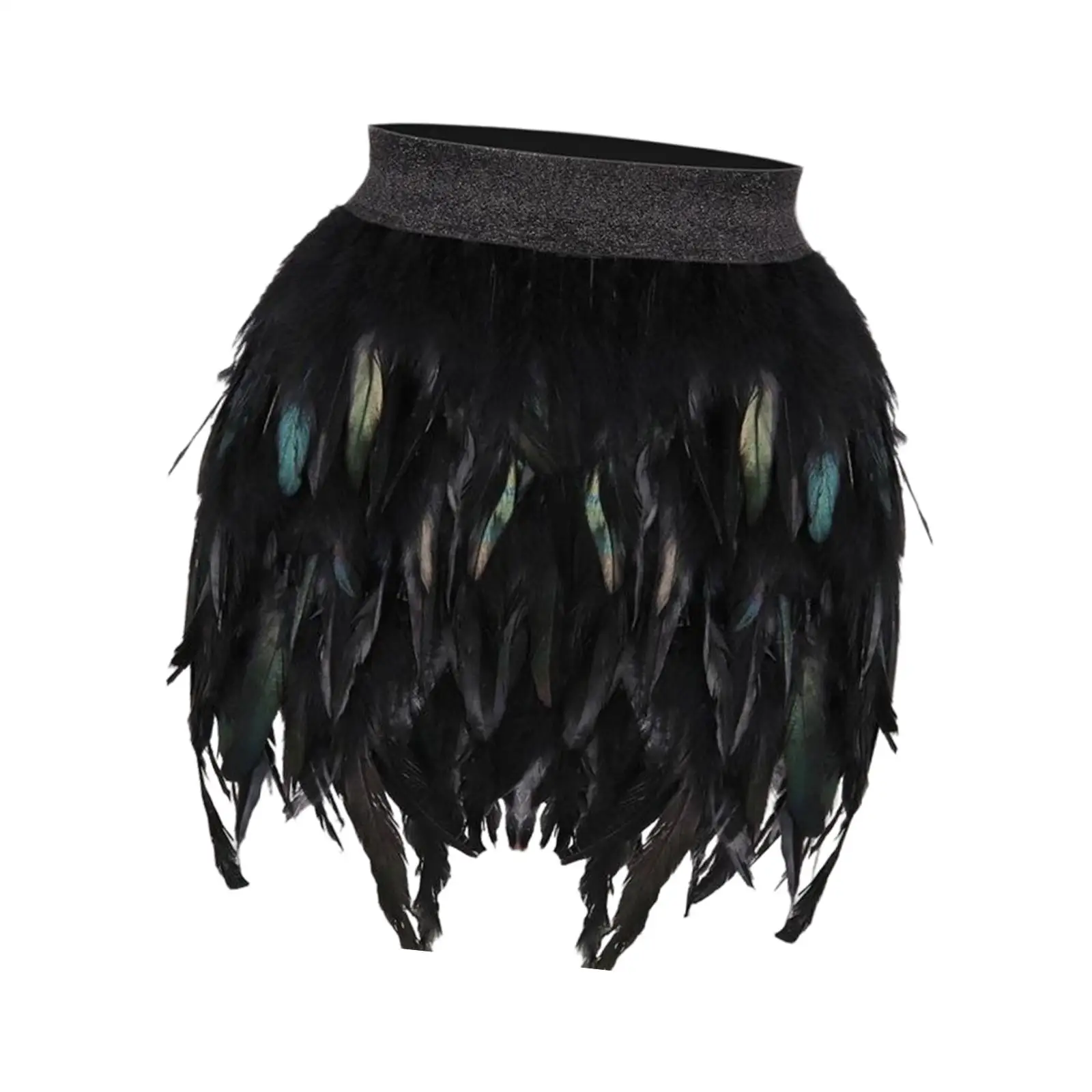 Womens Fringe Feather Mini Skirt Elastic Waist Short Dance Dress for Costume Party Halloween Cocktail Stage Performance