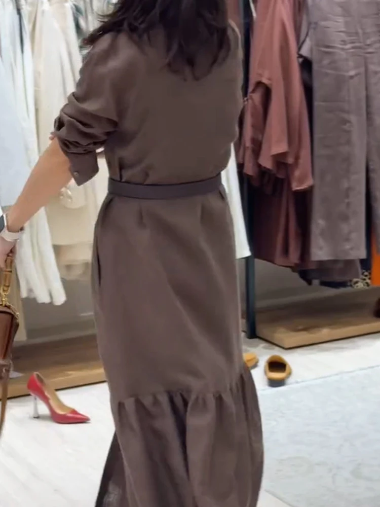 أنيقة التنقل مطوي قميص فستان موضة التلبيب زر جيب الصلبة فستان طويل 2025 عادية كم طويل فستان الحفلات النسائية #6