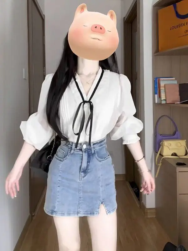 

Женская блузка Sweet Sle с длинными рукавами, с поясом-завязкой, приталенная, универсальная, в французском стиле, повседневная, с V-образным вырезом, без карманов