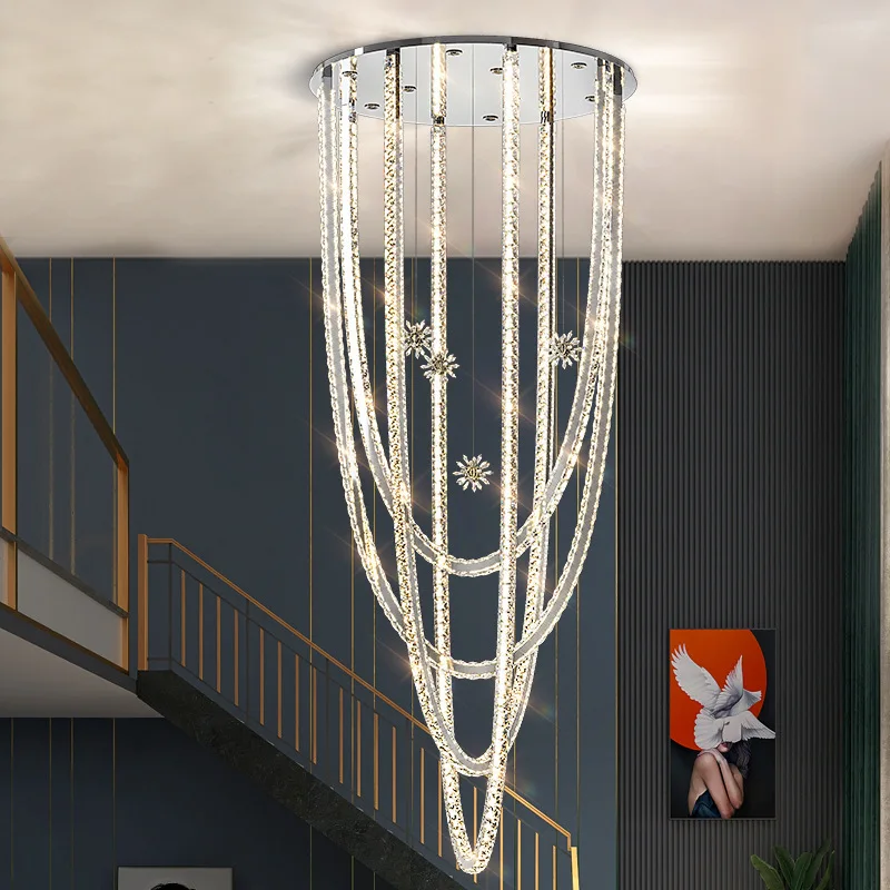 Stairs, long chandeliers, light luxury art, rotating guide table restaurant, crystal Italian hollow loft with high lobby