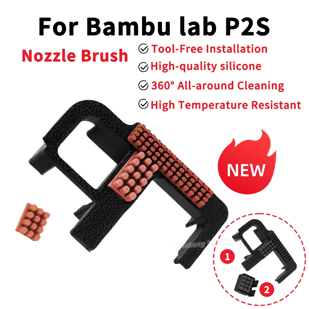 Düsenbürste für Bambu Lab P2S 3D-Drucker – Plug-and-Play-Upgrade mit zwei Bürstenköpfen, Düsenreiniger aus Silikon