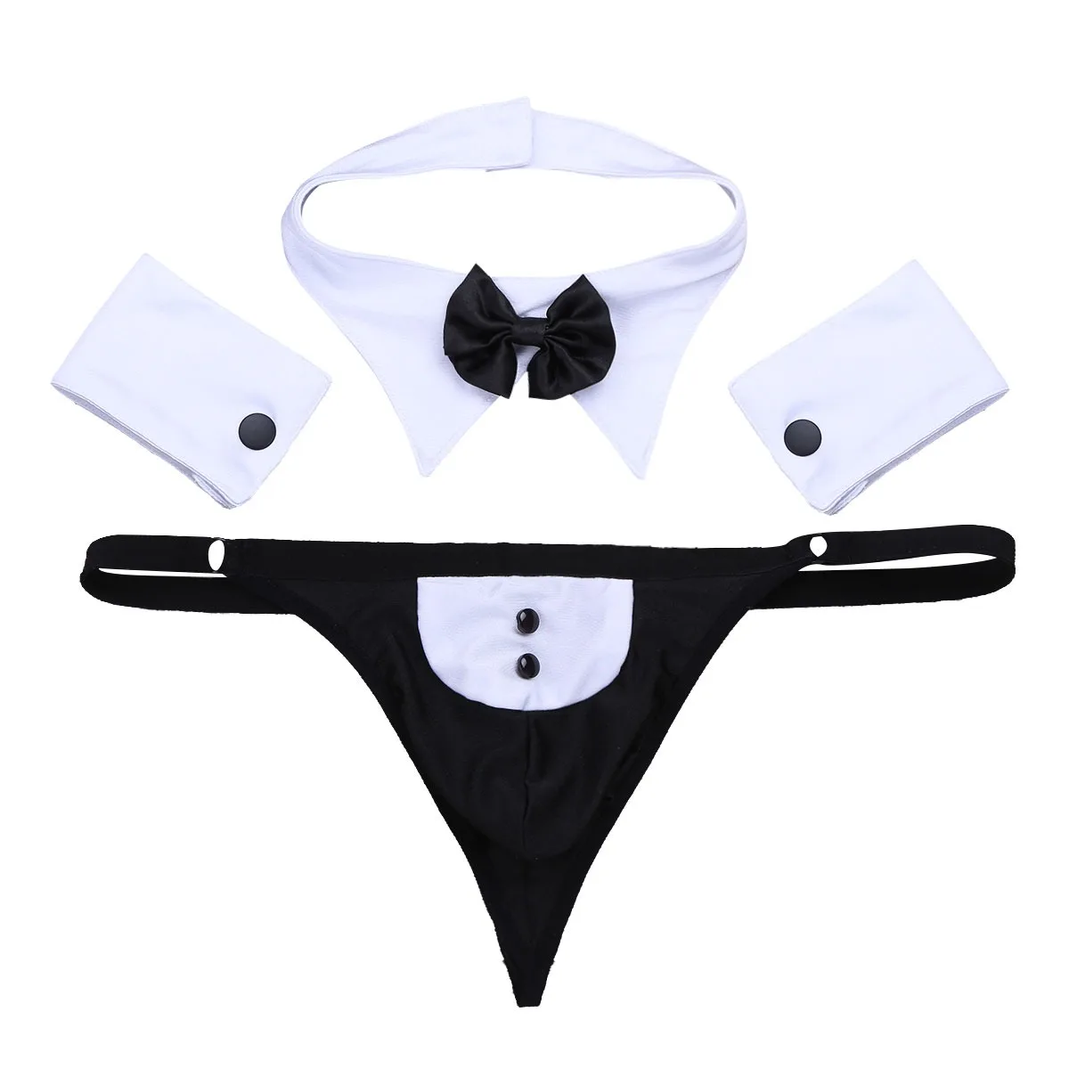 3Pcs Mens Waiter Cosplay Costume Lingerie Suit Open Back Tuxedo G-string Thong Underwear with Bow Tie Collar and Bracelets