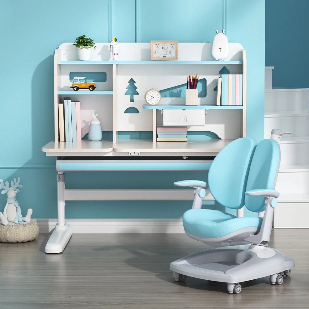 

Height Adjustable Ergonomic Wood Children Learning Desk Chair Set with Shelf Drawer Student Multifunctional Study Table for Kids