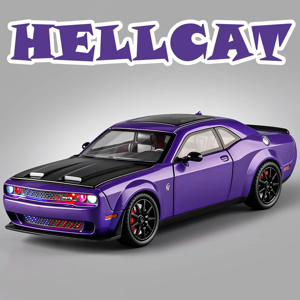 1:24 modelo de carro hellcat, liga fundida, brinquedos, portas abertas, suspensão de quatro rodas, som, luz, puxar para trás, veículos em miniatura, presente para amigo