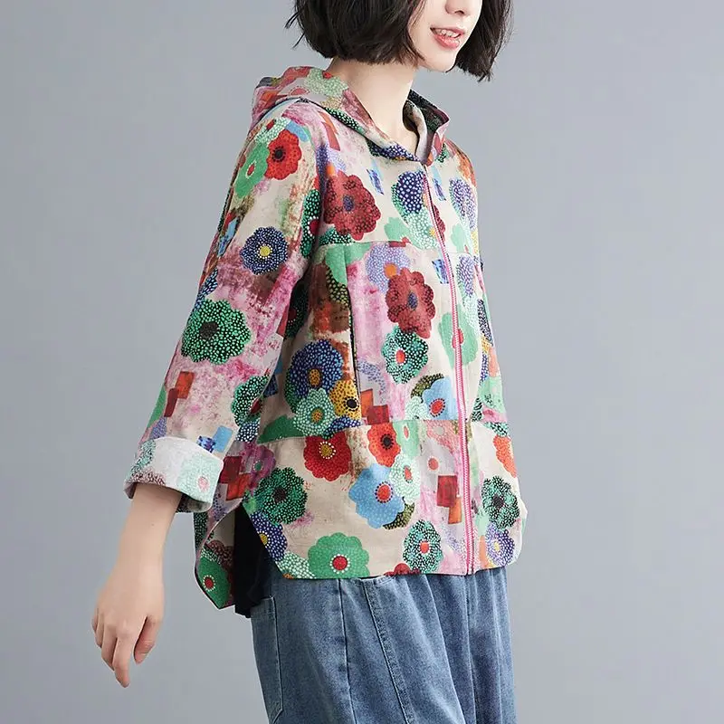2023 New Spring and Autumn Fashion Literature Retro Exquisite Printing Casual Loose Versatile Hooded Cotton Linen Women\'s Coat