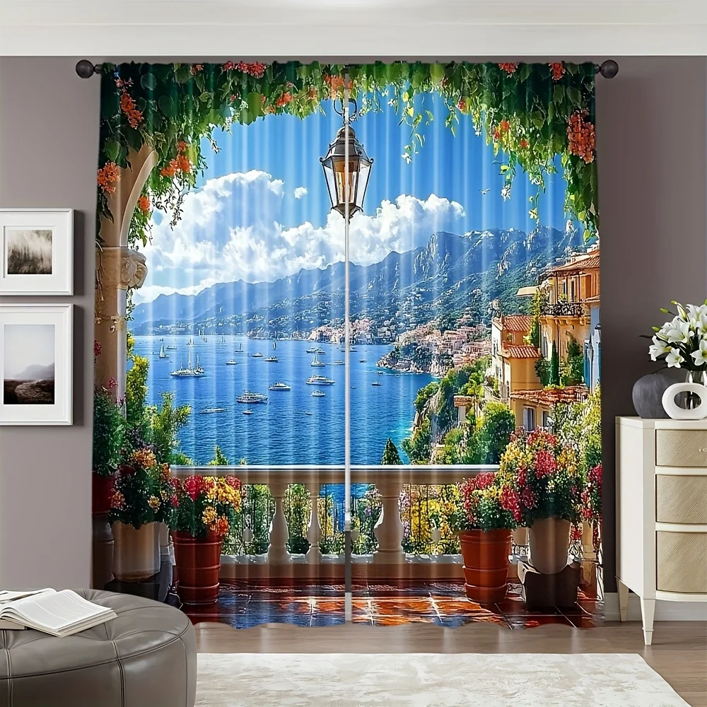 Italy Riviera Scenic Window Curtain 2 Panels, Colorful Coastal Villa Vine Flower Clear Sea Mountain Print For Bedroom Home Decor