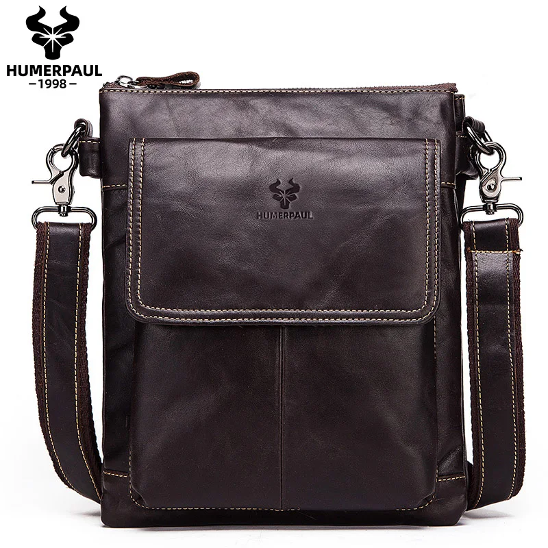 HUMERPAUL Genuine Leather Messenger Bags for Men New Business Casual Crossbody Handbag Male Quality Travel Shoulder Ipad Bag