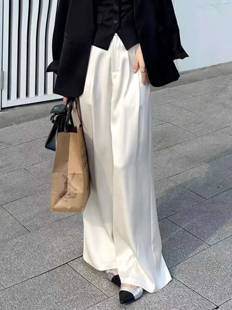 

White Acetate Satin Draped Suit Pants for Women's Summer Temperament and High-end Straight Leg Floor Mop Pants Female Clothing