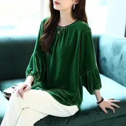 Lantern Sleeve Gold Velvet Top Long Sleeved Loose Round Neck Versatile Fashion Retro Slimming T Woman