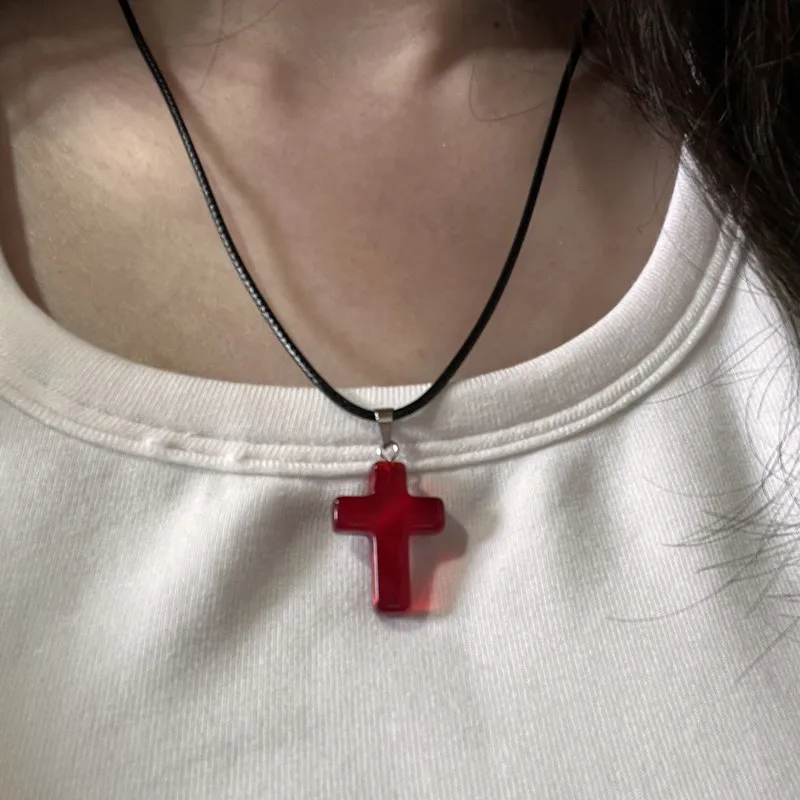 Vintage Gothic Black Rope Red Cross Pendant Necklace for Couple Jewelry Aesthetic Accessories
