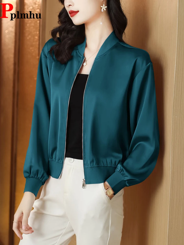 Satin Short Baseball Jackets Elegant Women\'s Slim Chaquetas Fashion Smooth Long Sleeve Outerwear Spring New Zipper Ceketler