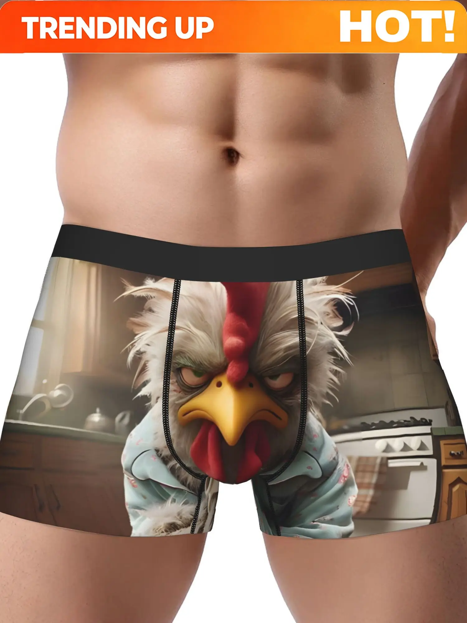 Funny Rooster Chef Cooking Kitchen Print Underwear - Men's Novelty Boxer Briefs with Non-Transparent Fabric - Humorous Gift for
