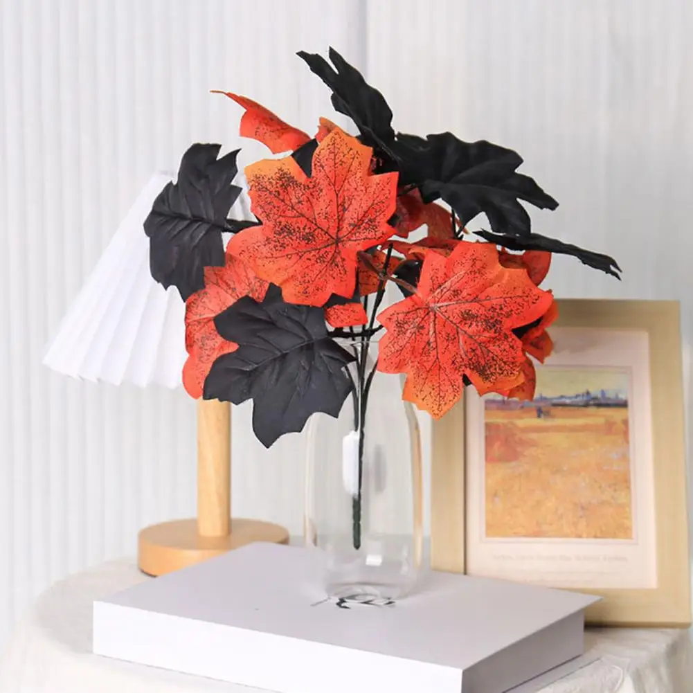 1Bouquet Artificial Leaf Decoration Silk Halloween Themed Leaf Decor Realistic Black Maple Leaf Bouquet for Halloween Home Decor