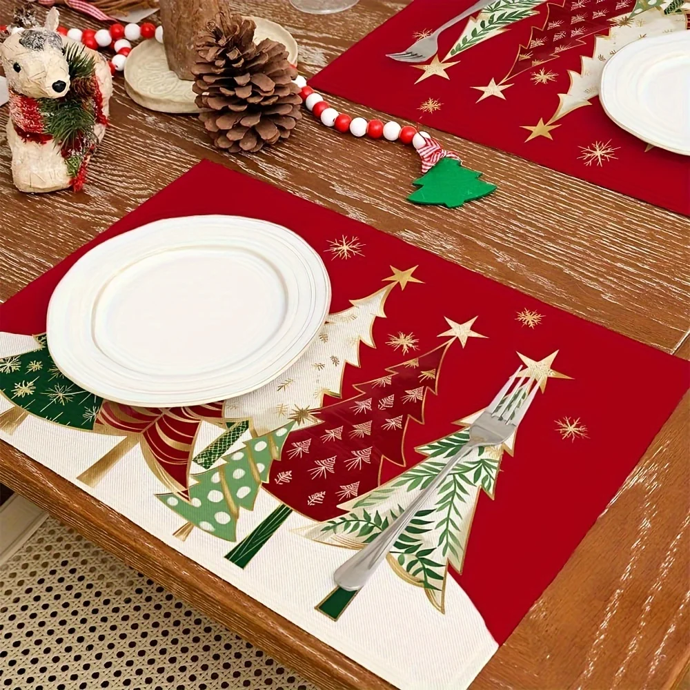 4pcs 18x12 Inches Christmas Placemats Set Xmas Tree Red Table Decor Winter Burlap Farmhouse Seasonal Party Decoration Mats