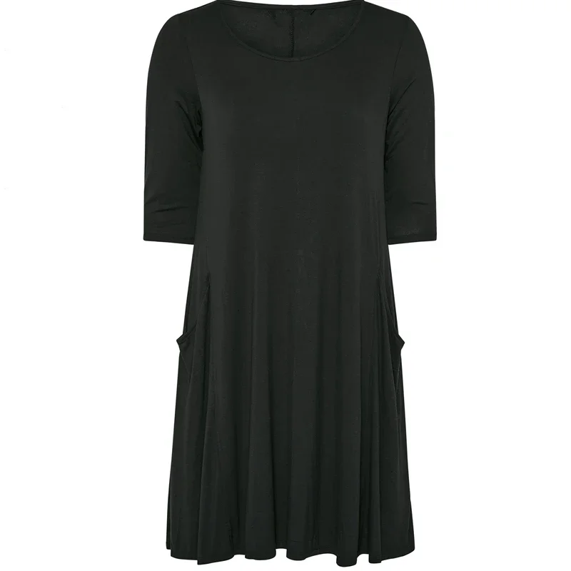 Plus Size Half Sleeve Casual Summer Tunic Dress Pockets Front Loose Straight Midi Dress Large Size Black T-shirt Dress 6XL 7XL