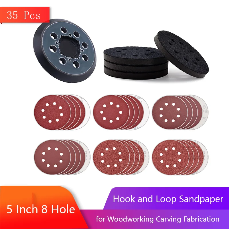 

5 Inch 8 Hole Hook and Loop Sandpaper with Backing Pads Sanding Discs 35 Pcs Assorted 100-400 Grits for Woodworking Carving