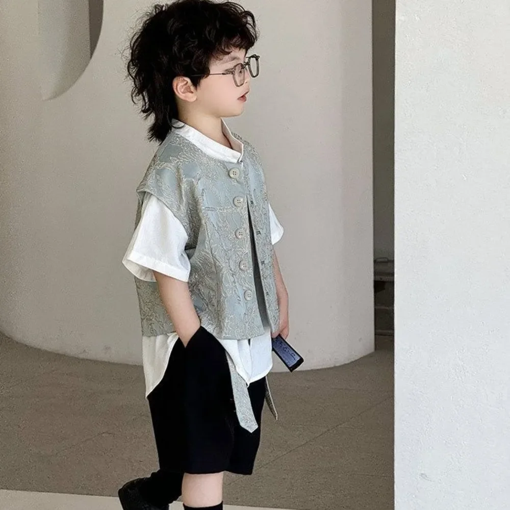 Boys' Short Sleeved Shirt Vest Shorts 3pcs Sets With Carved Round Neck Retro Standing Neck Tops Summer Fashion Handsome Suits