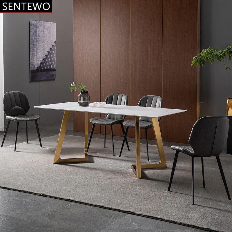 SENTEWO Luxury Marble Dining Table With 6 Dinning Chairs Set Metal Titanium Glaze Golden Frame Home Furniture Eettafel Comedor