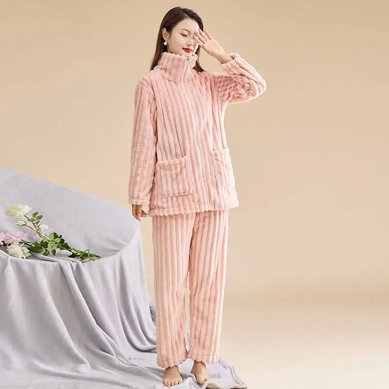 

Lazy Wind Zipper Thickening Warmth Can Be Worn Outside Pajama Women Flannel Fine Fleece Autumn Winter Coral Fleece Loungewear