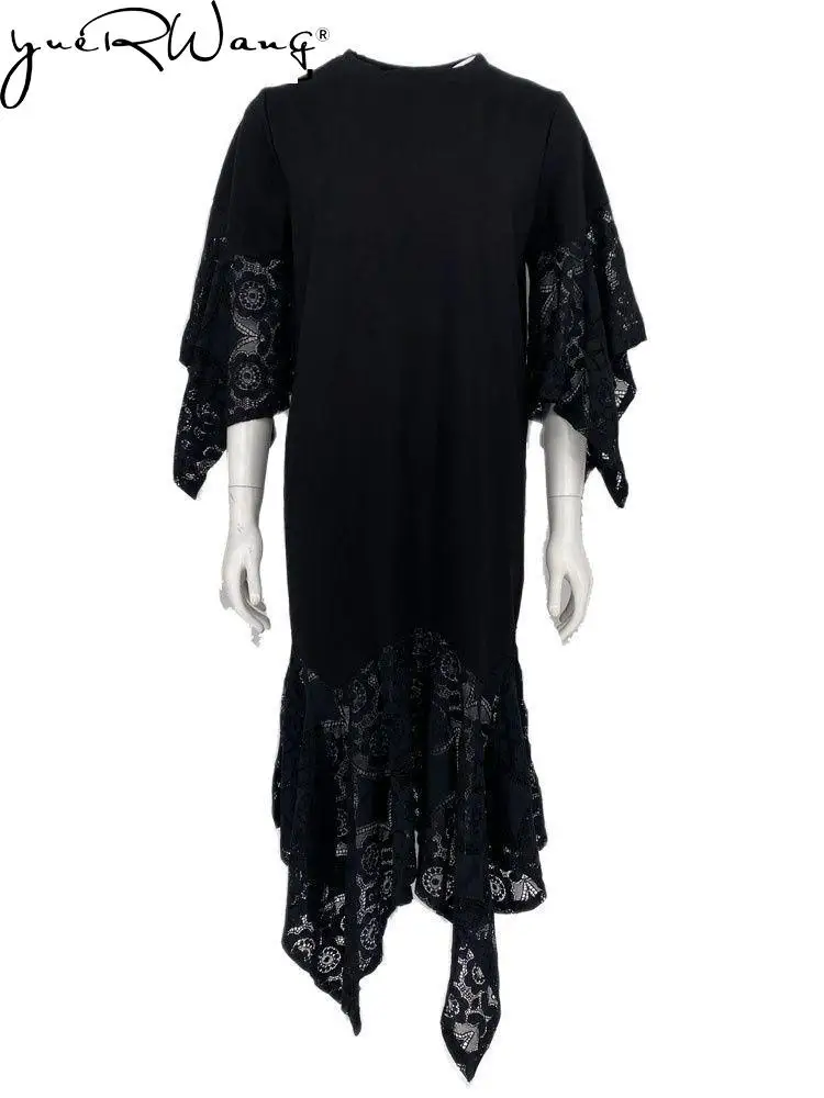 

Getsrping Women Dress Long Loose Lace Dress Black Cotton Lace Asymmetrical Fishtail Dress 2022 Spring Summer Ruffel Plus Size