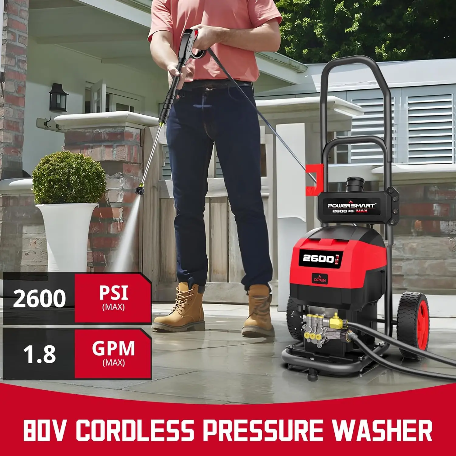 

Cordless Pressure Washer 2600 PSI 1.2 GPM 1800W, 2 * 80V 6.0Ah Battery and Charger, Metal Spray Wand, for Fencing