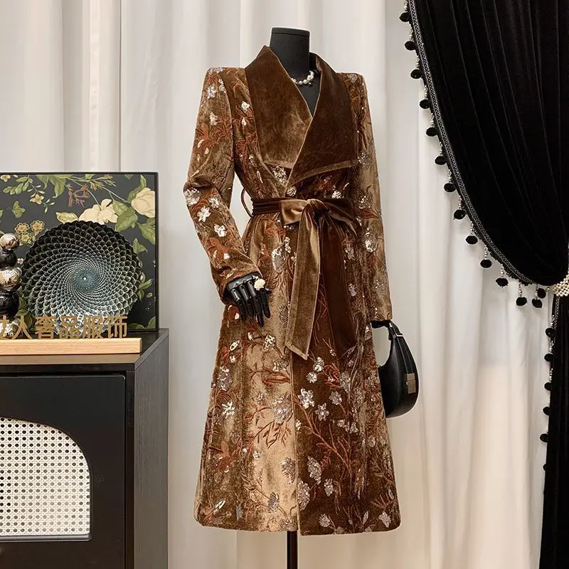 Luxury Design Women's Clothing Lapel Trench Coat Belt Sequin Embroidery Long Trench Coat High Quality Vintage Harajuku Outerwear