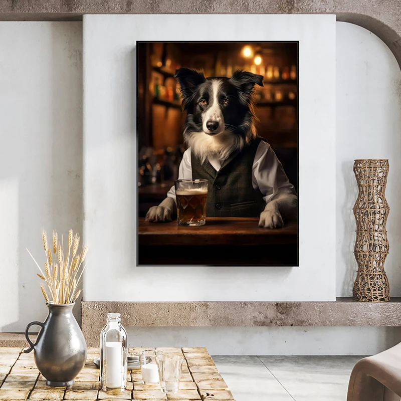 Cute Dog in The Pub Poster Prints Canvas Painting Pug German Shepherd Corgi Collie Animal Beer Wall Art Room Home Decor Cuadros