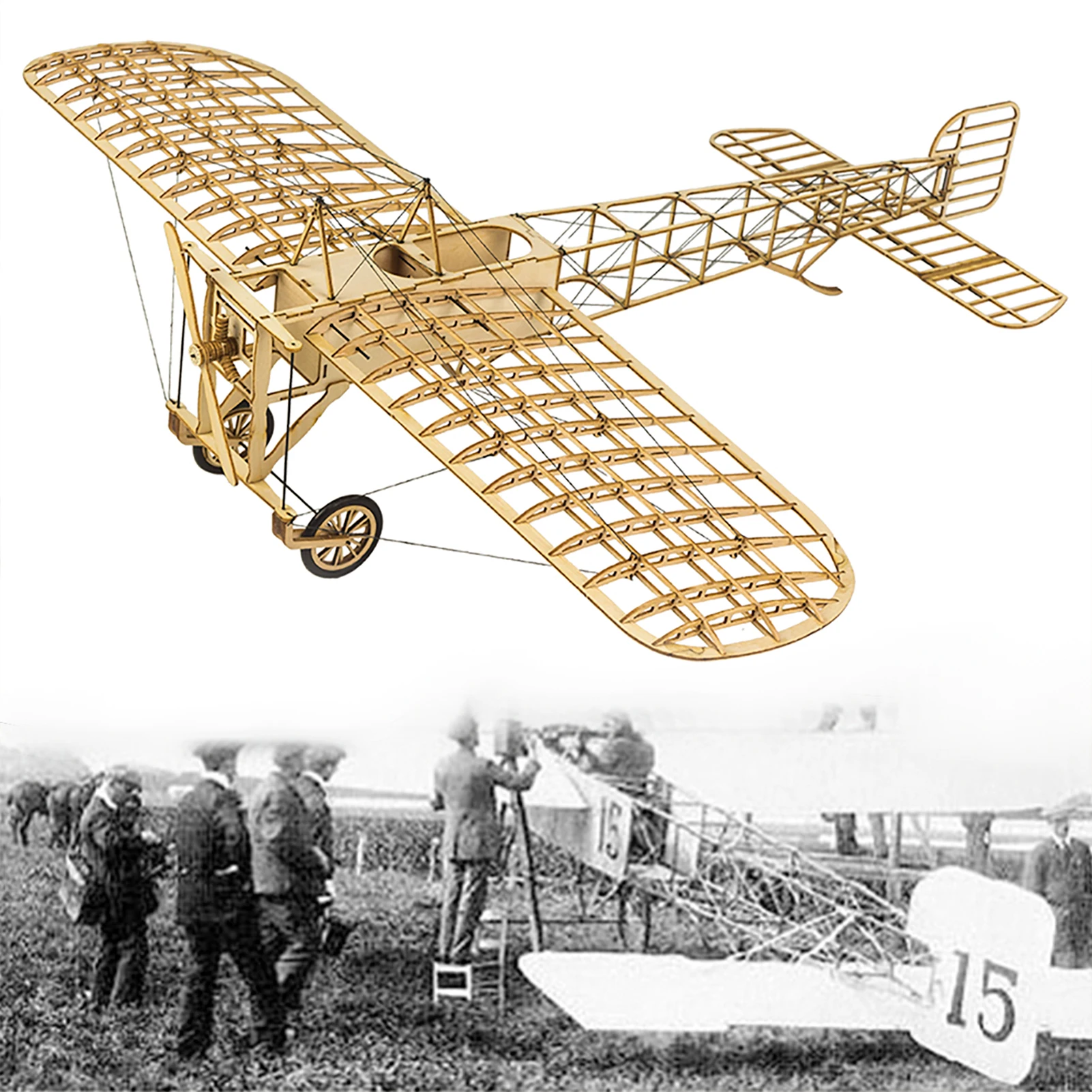 DWH VX14 Model statyczny samolotu Bleriot XI w skali 1:23, rozpiętość skrzydeł 380 mm, drewniany zestaw do samodzielnego montażu, puzzle 3D, zestaw do samodzielnego budowania samolotu.