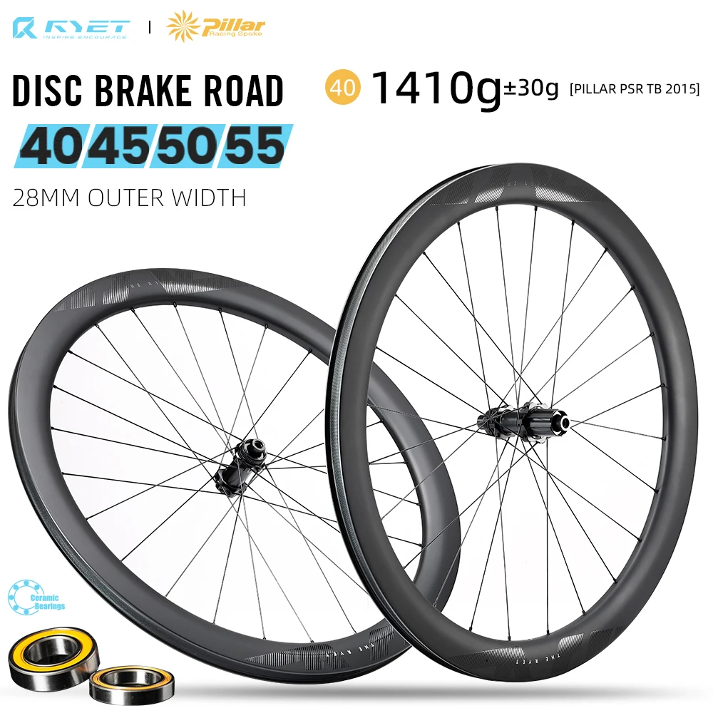 

RYET Carbon 700C Disc Brake Road Wheelset Ceramic Bicycle Wheels Tubless CLincher Pillar Spoke 1423 2015 Rimset Cycling Parts