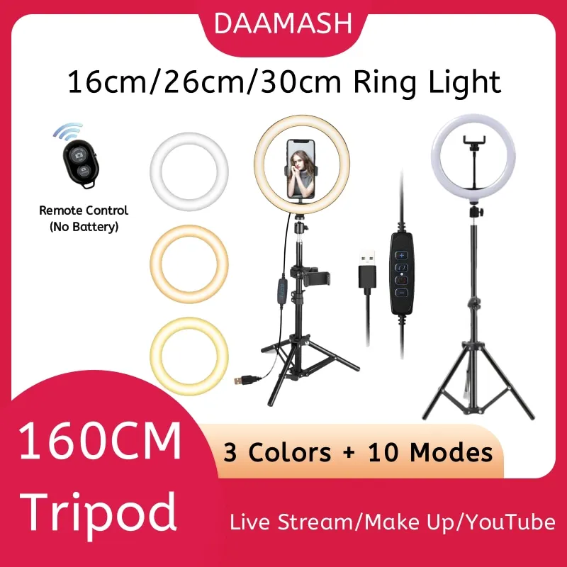 16cm/26cm/30cm LED Selfie Ring Light Dimmable Round Lamp Tripod Trepied Makeup RingLight Phone Stand Ring Lamp Celular Makeup