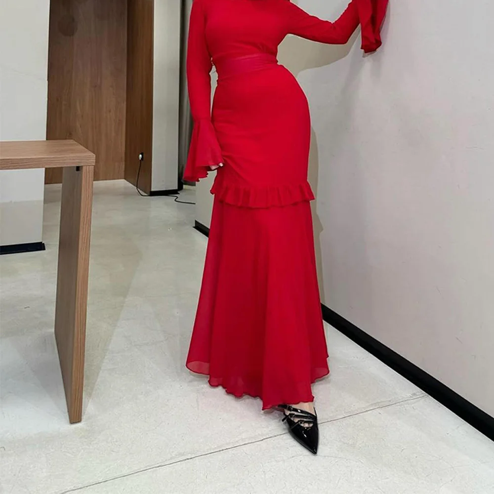 

Customized Temperament Chiffon Straight Ruched Evening Dress Crew Neck Long Sleeves Red Special Occasion Gowns High Quality