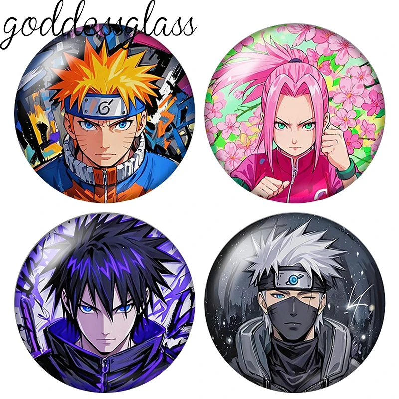 Naruto Anime Uzumaki Sasuke Sakura Kakashi 10pcs 12mm/18mm/20mm photo glass cabochon flat back making findings for keychain