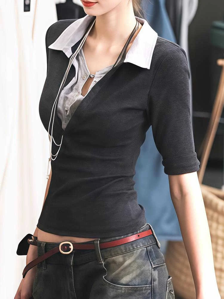 

American Sle Splice Lace ort Sve T-irt Women's Faion Slim Fit Turn Collar Top Korean Sle Summer New Arrival