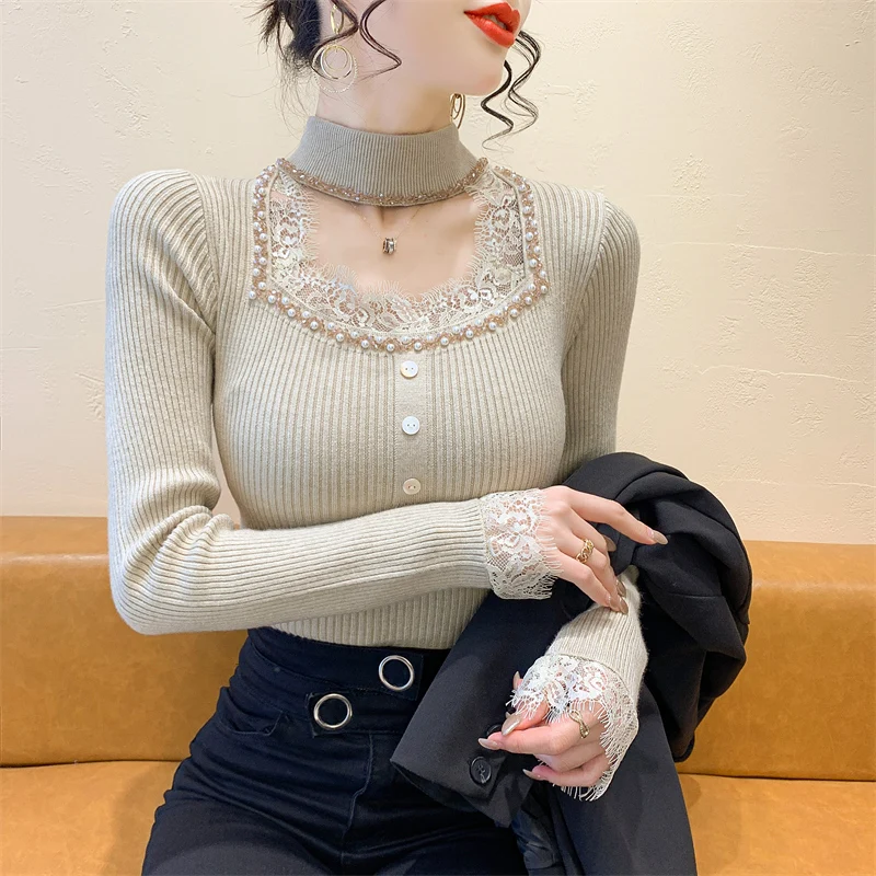 Maglione lavorato a maglia da donna pesante con giunture in pizzo rosa V-Ne Appeso Ne Design Autunno Inverno Nuovo Sle Faionable Base irt