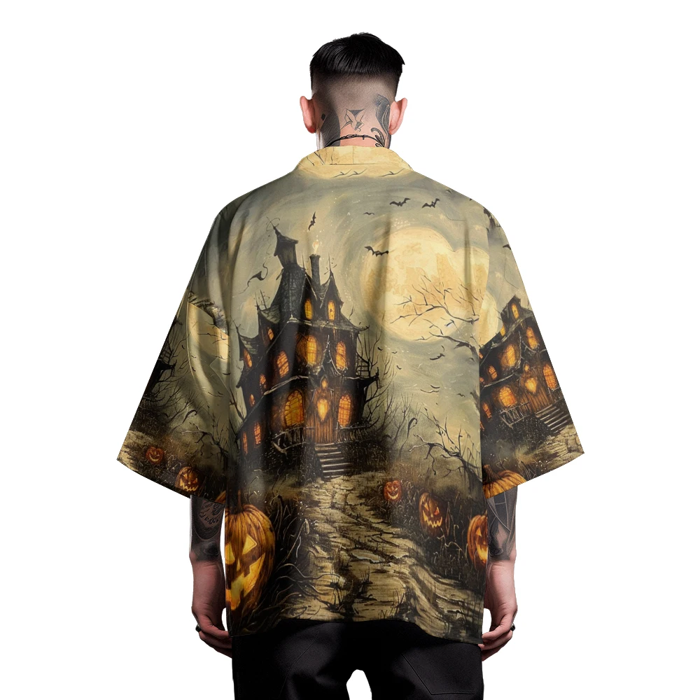 Classic Vintage Niche Design Thriller Horror Style Halloween Ancient Castle Toga Men's Fashion Casual Kimono Men's Tops