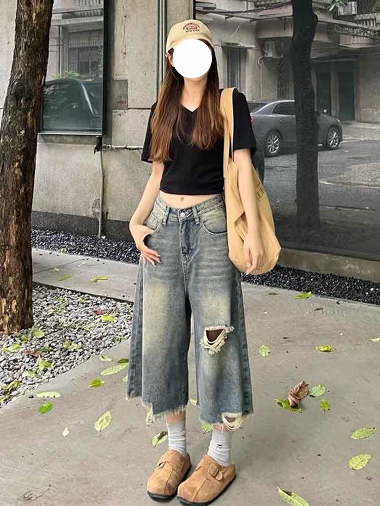 plus Size Vintage ort Jeans Women Loose Fit High Waist Distred Denim orts Autumn Winter Waed Wide Leg Straight Cut P...