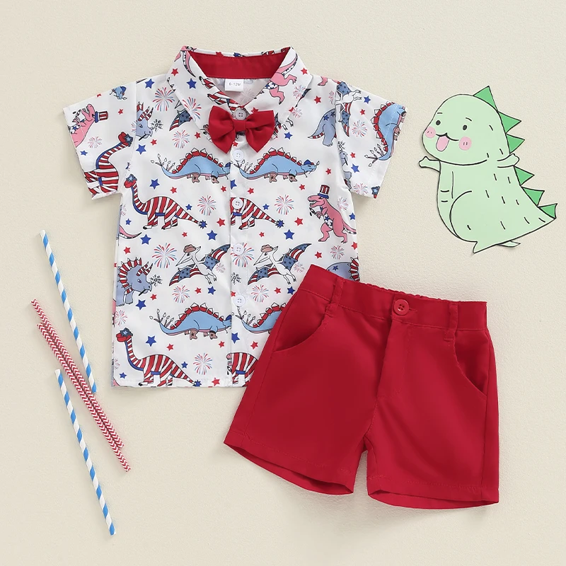 

2024-05-06 Lioraitiin Toddler Boys Summer 2PCS Shorts Sets Short Sleeve Dinosaur Print Shirt Solid Color Shorts Sets