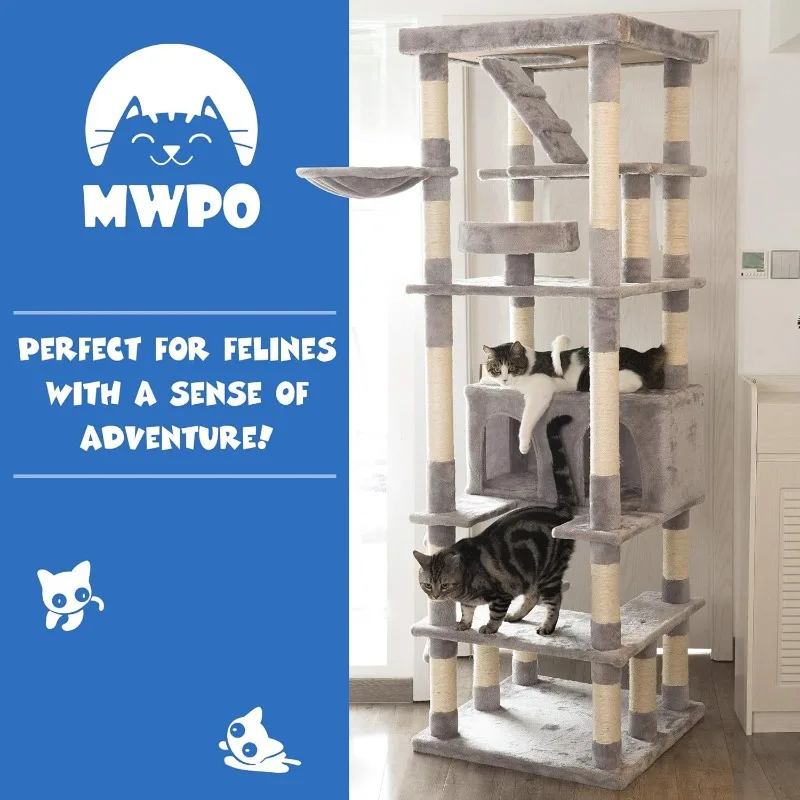 74.8 inches Large Cat Tree with Sisal-Covered Scratching Posts & Condo, Tall Cat Tower Entertainment Playground Furniture