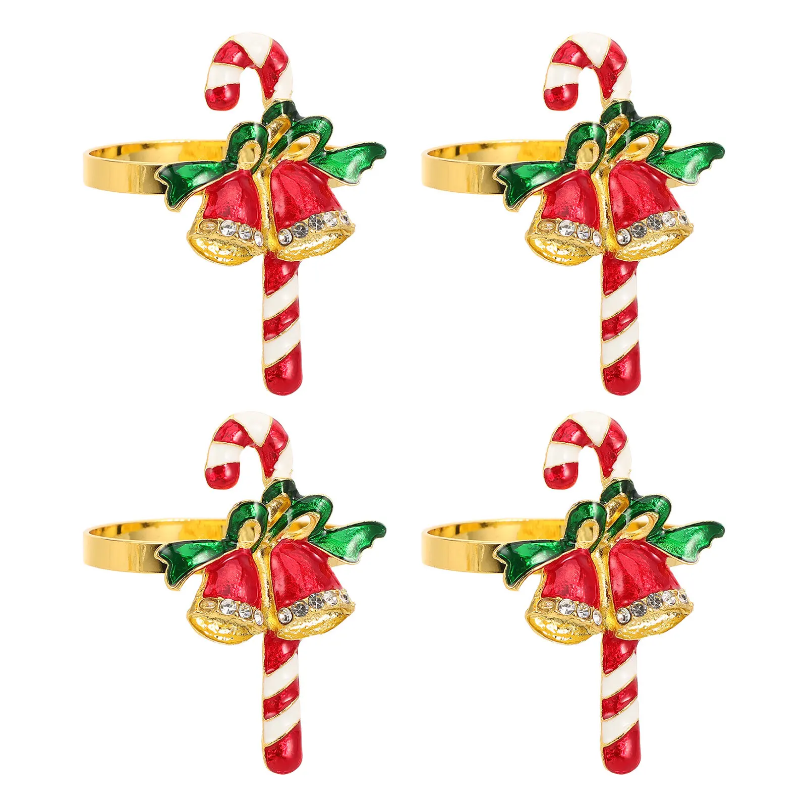 4Pcs Christmas Candy Cane Napkin Holders Rhinestone Alloy Napkin Buckle Banquet Dinner Table Decor Xmas Party Accent