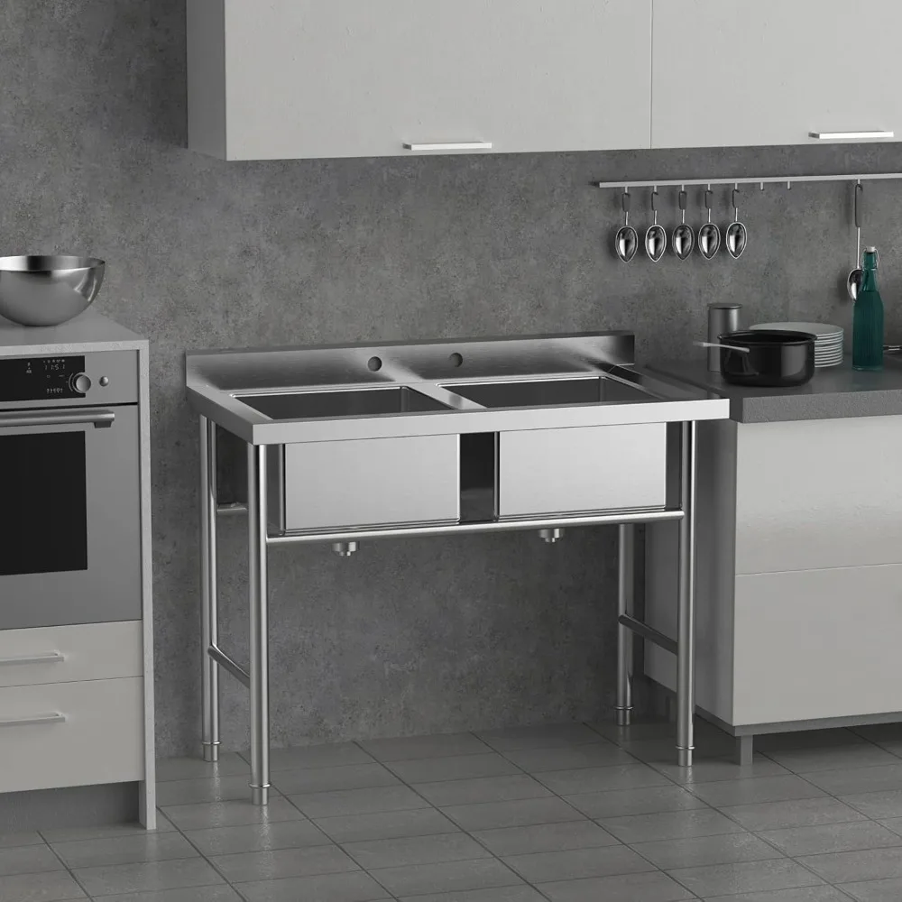 Stainless Steel Sink 2 Compartment Free Standing Utility Sink for Garage, Restaurant, Kitchen,Outdoor, 35.8