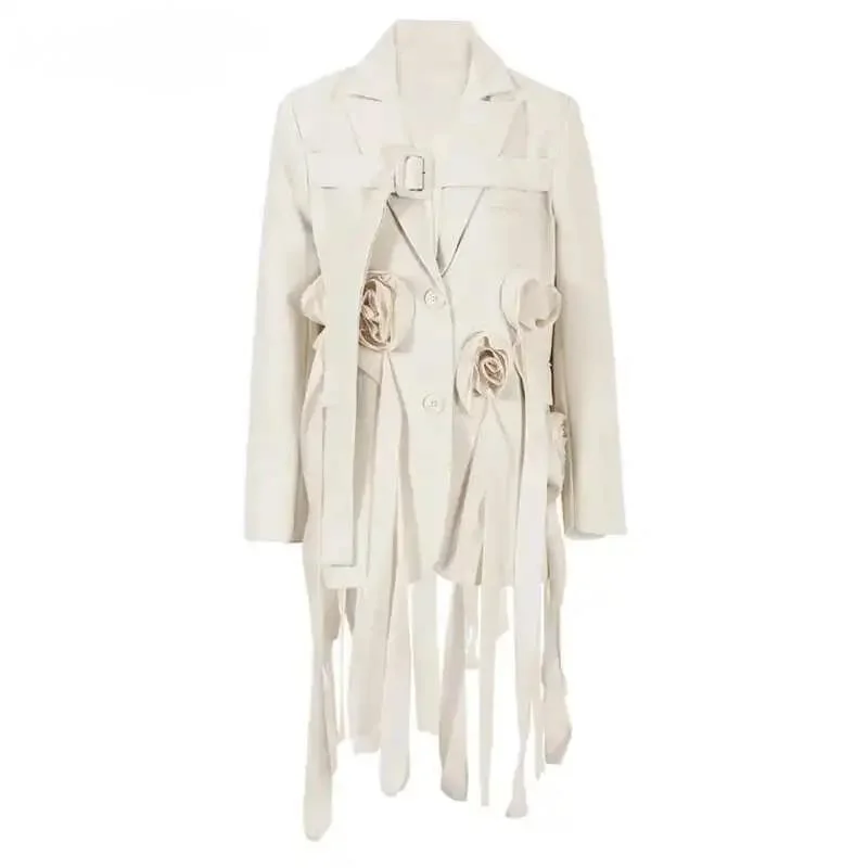 Beige Flower Irregular Long Blazer Men's New Lapel Long Sleeve Loose Fit Jacket Fashion  Spring 2025 1CTQH