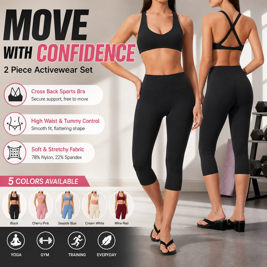 Women's 2 Piece Activewear Set Sports Bra High Waist Capri Leggings Cross Back Tummy Control Yoga Gym S-XL