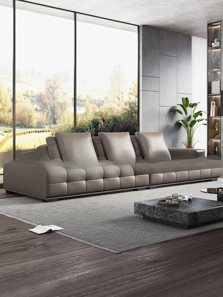 Full leather sofa Italian minimalist top layer cowhide minimalist living room size unit horizontal hall straight row sofa