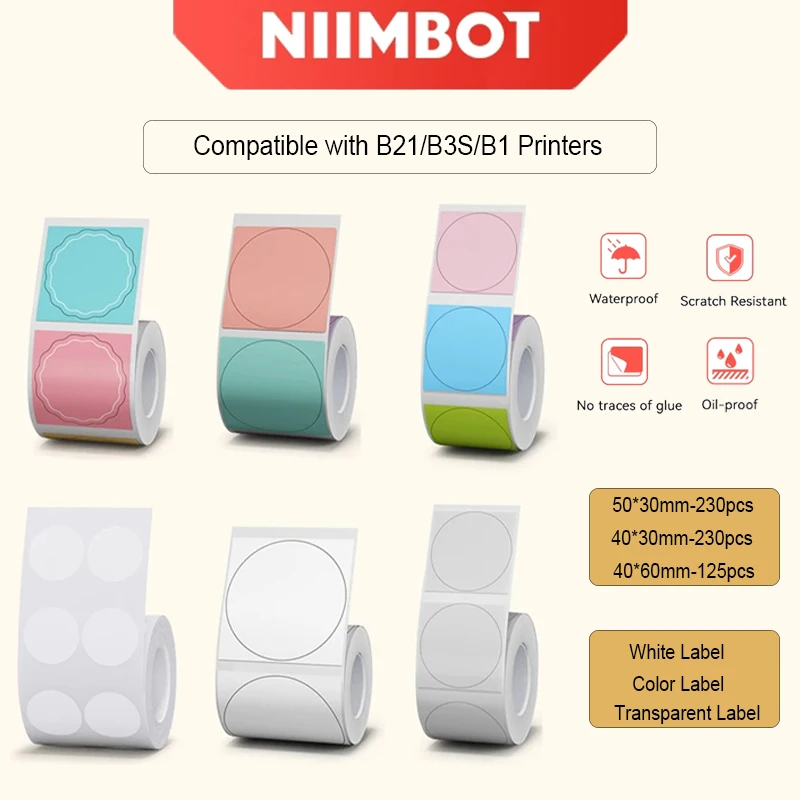 Niimbot 5Rolls Label Sticker White Round Color Transparent Label Paper For B1/B21/B3S Adhesive Waterproof Thermal Label Papers