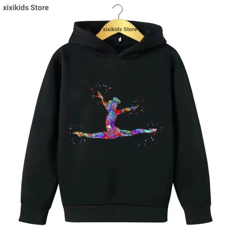 2025 Watercolor Artistic Gymnastics Printed Cap Hoodies Funny Sports Kids Clothes Spring/ Autumn/Winter Plus Velvet Sweatshirt
