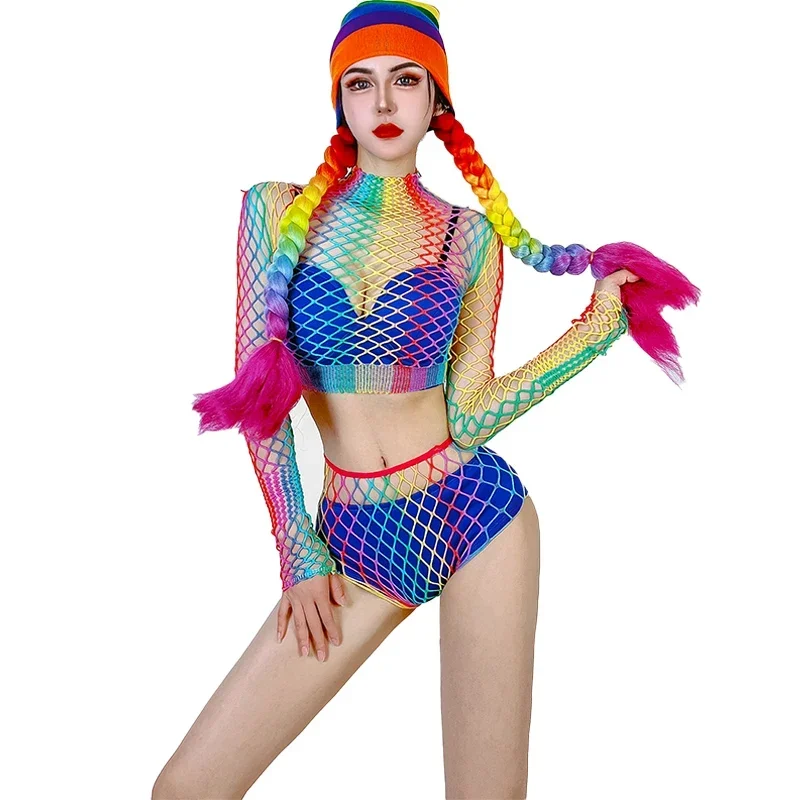 Rainbow Net Y-Shorts pour femmes, Bikini sexy, Costume de pole légiti, Discothèque, Bar, Jazz, Tenue de danse, Dj, Ds Party, Vêtements Rave, YS4497