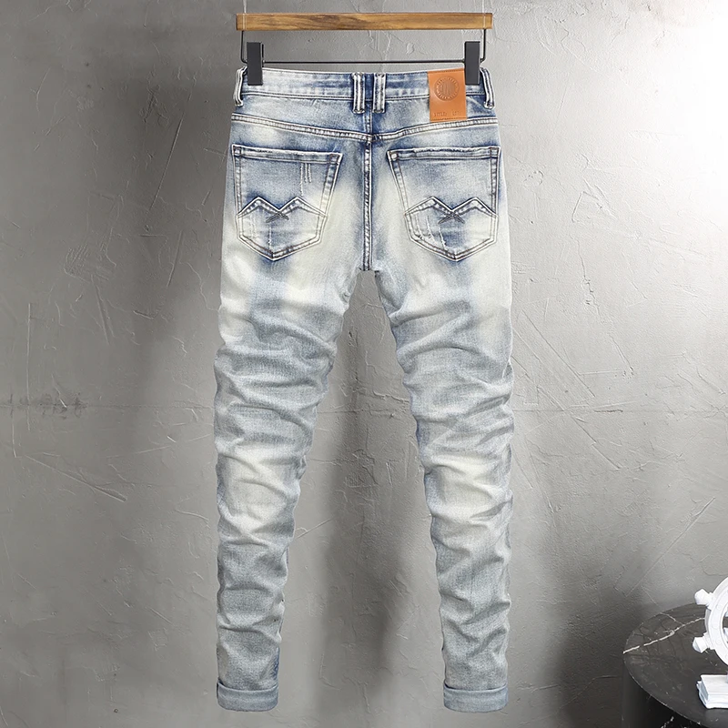

Designer Fashion Men Jeans High Quality Retro Light Blue Stretch Slim Fit Ripped Jeans Men Y2K Embroidery Vintage Denim Pants