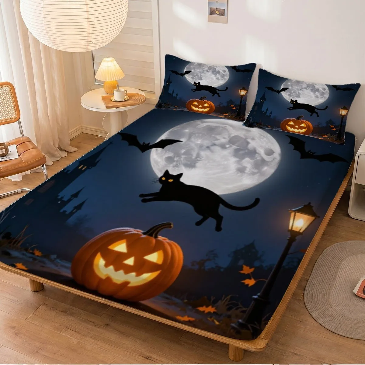 3-Piece Halloween 2D Digital Print Bedding Set (1 Fitted Sheet + 2 Pillowcases) - Thrilling Night Scene Featuring Pumpkin Lanterns, Black Cats, Bats, and Castle Silhouettes, No Filling, Fitted Sheet Style, Perfect Holiday Atmosphere Gift
