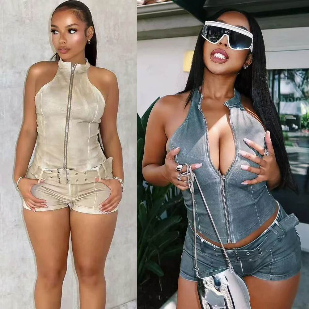 

Sexy Distressed Denim 2 Piece Set Women Belt Jean Outfits Stretch Sleeveless Zip Slim Jackets and Shorts Suits Y2k Streetwear